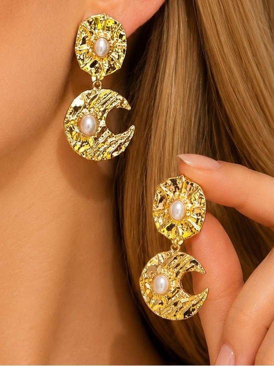 Anthropologie Jewelry - Gold Crescent & Pearl Drop Earrings